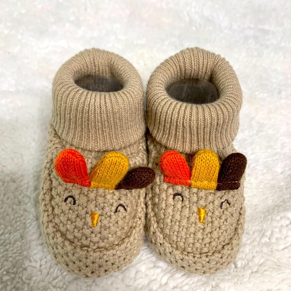 Carter’s crocheted Thanksgiving turkey booties newborn size